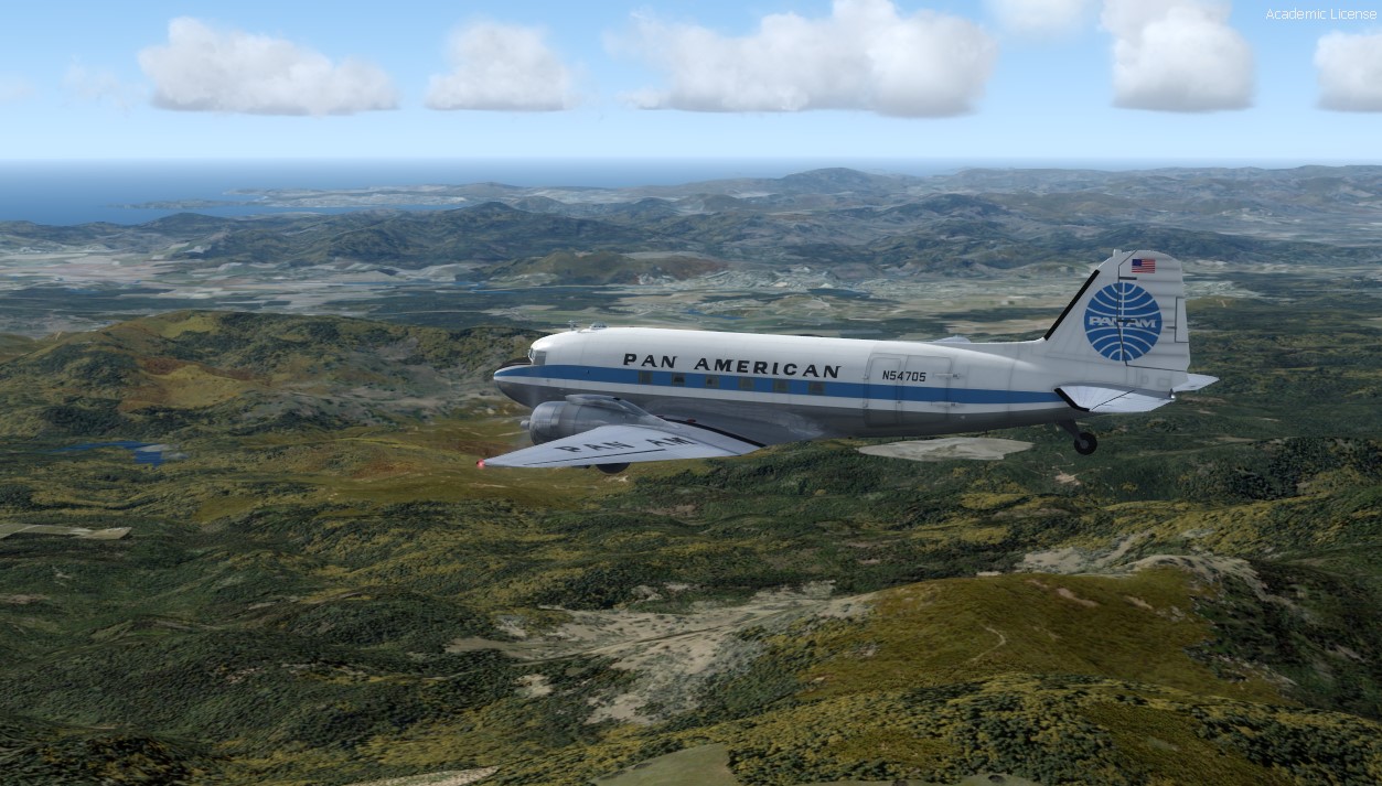 Classic DC3 in Pan Am livery approaching LFMN, Côte d'Azur International Airport in Nice, France.